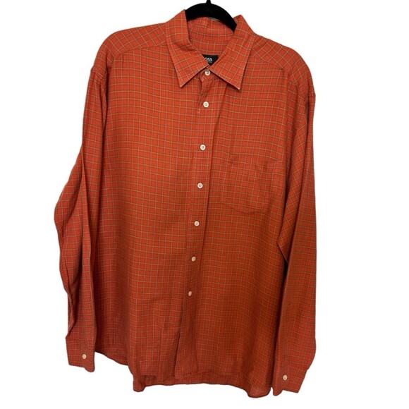 Hugo Boss Men's Plaid Linen Blend Orange Button Down Long Sleeves Shirts… - Picture 1 of 5
